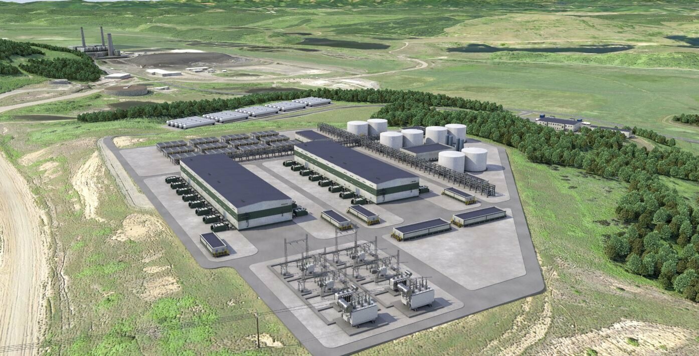 Artist’s rendering of the hydrogen production plant proposed in Centralia, Washington, by Australia-based Fortescue Future Industries. The soon-to-close TransAlta Centralia coal power station can be seen at left rear.